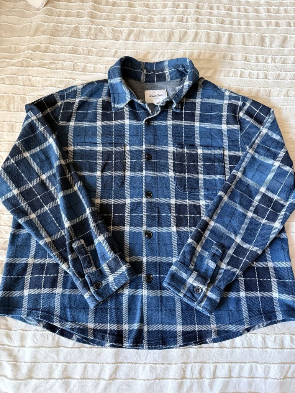 Goodfellow & Co Men's Plaid Flannel Button-Up Shirt Blue White XXL Long Sleeve